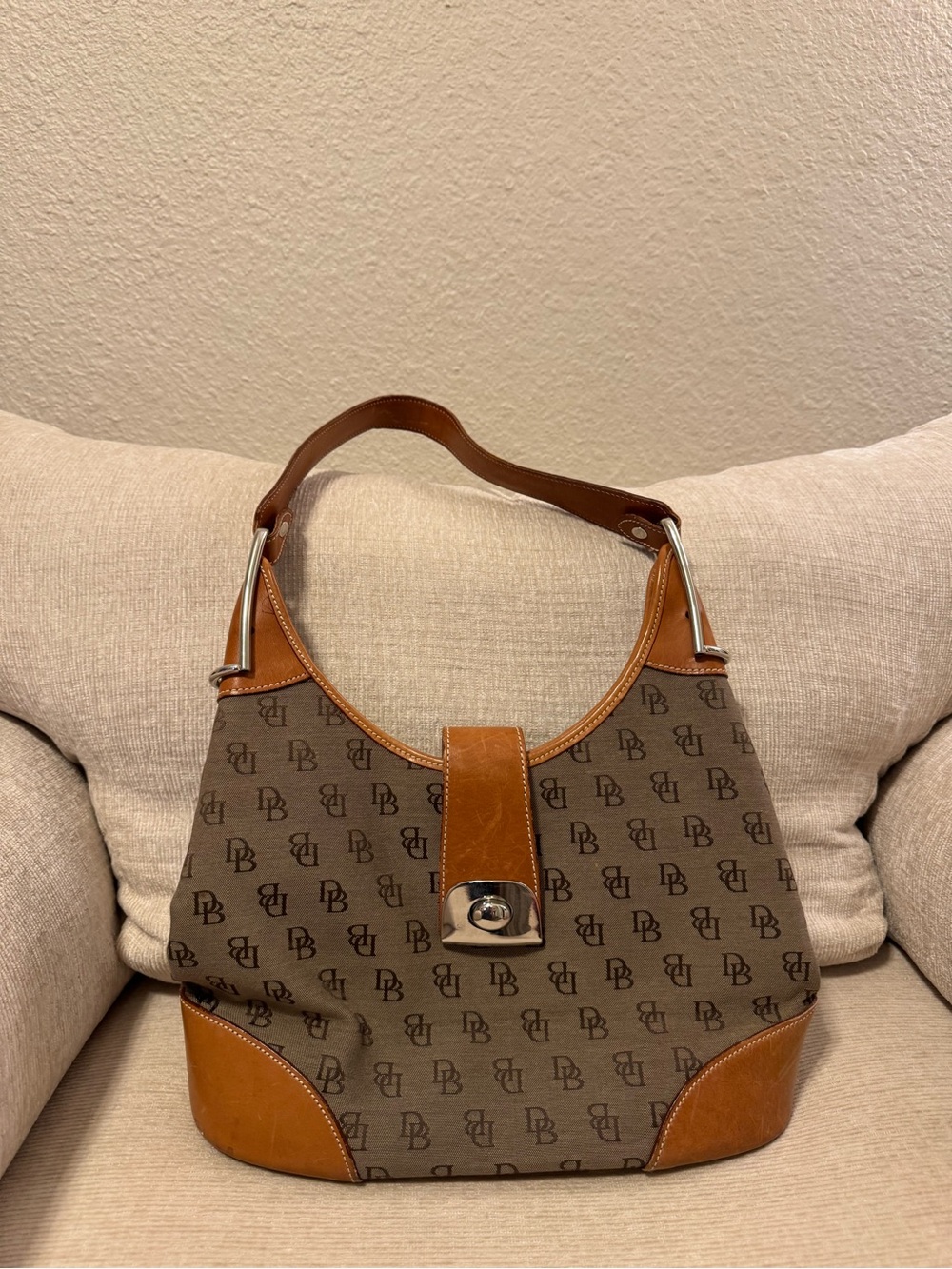 Vintage Dooney & Bourke DB Monogram Hobo Shoulder Bag Tan Leather Y2K